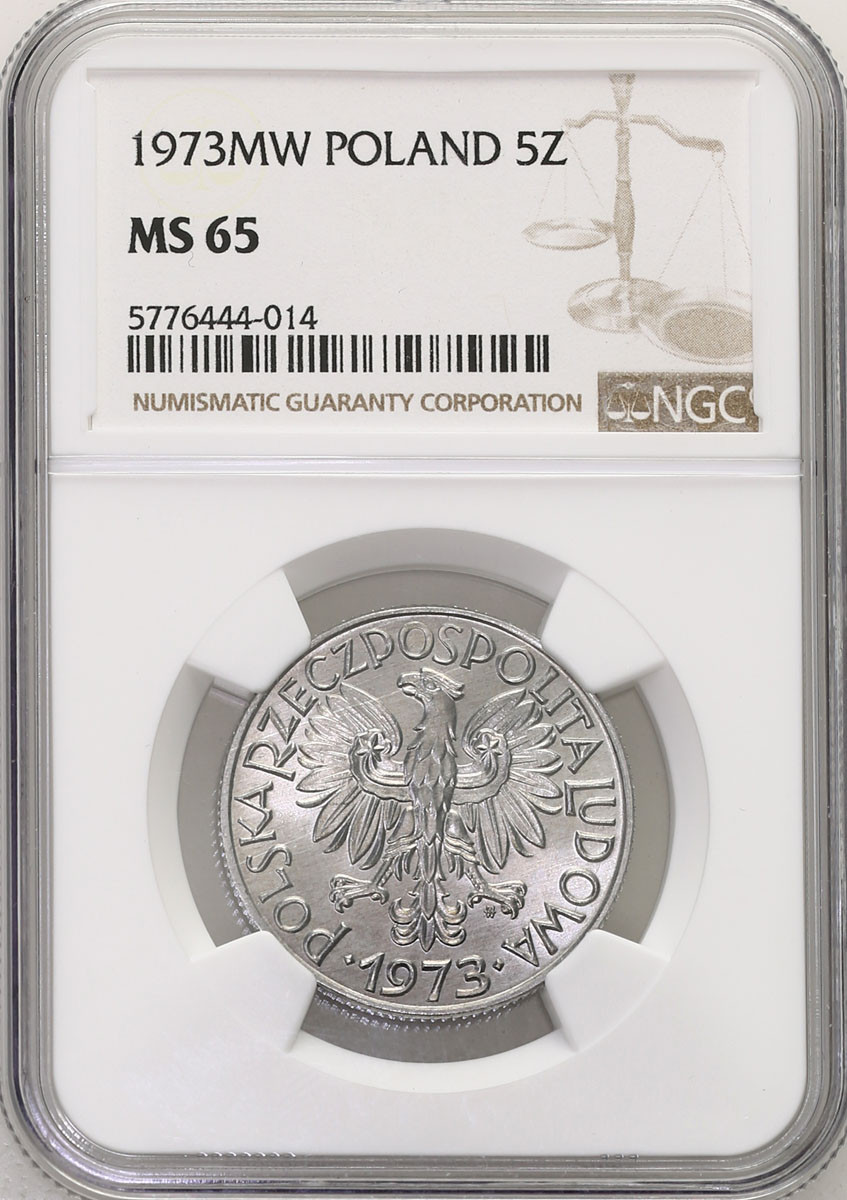 PRL. 5 złotych 1973 Rybak aluminium NGC MS65